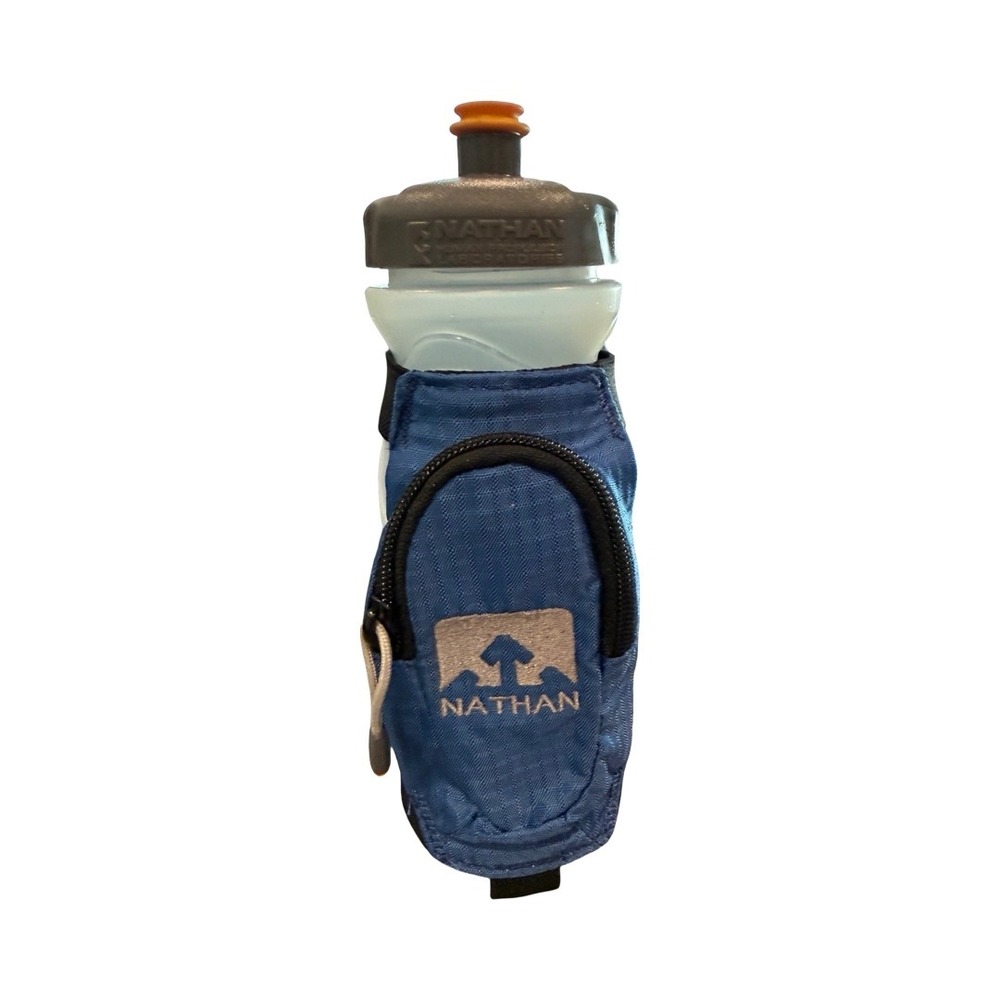 Nathan QuickShot Plus Handheld Running Water Bottle Blue 10oz Zipper Pocket Mesh